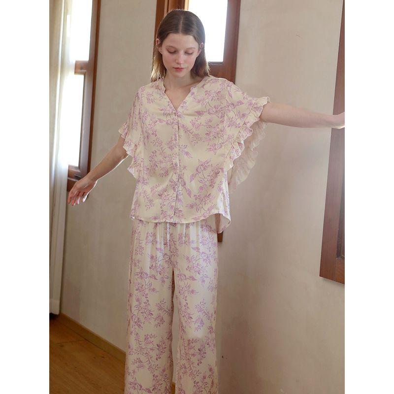 25 Summer Rayon Satin Comfortable Romantic Purple Print Butterfly Sleeve Short sleeve Trousers Can Be Worn outside Homewear Set