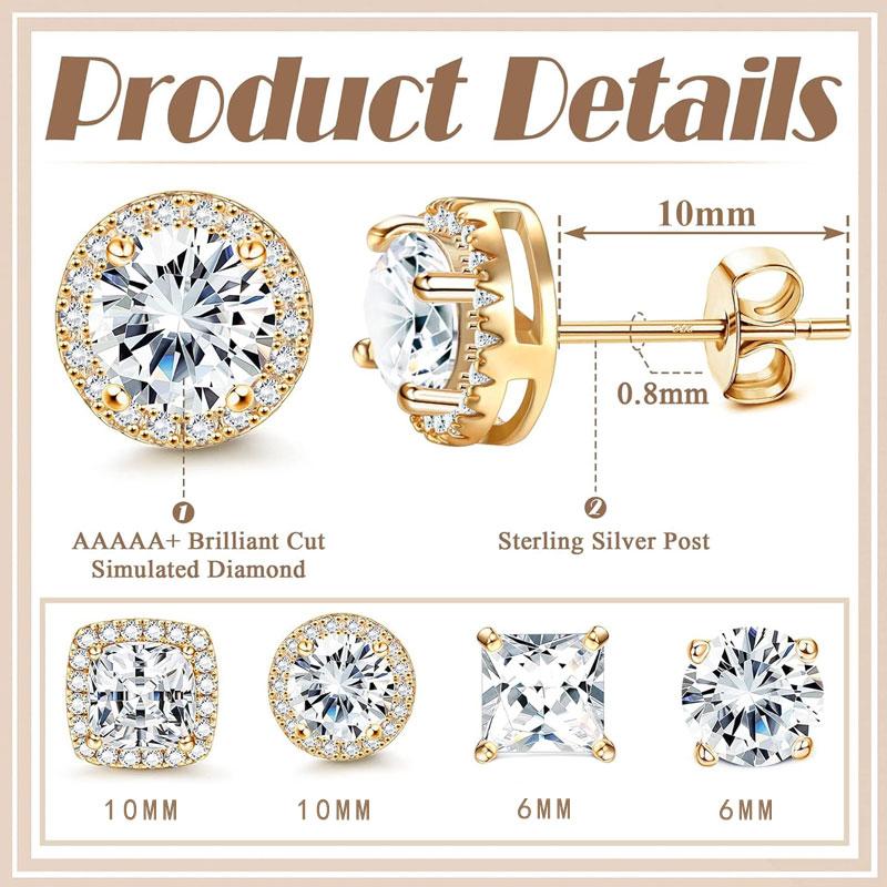 4 pair Stud Earrings for Women Men Gold Plated Hypoallergenic Silver Post Earrings Big Brilliant Simulated Diamond