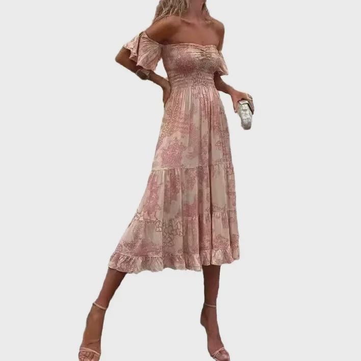 Printed Off-Shoulder Tube Top Dress with Lotus Leaf Sleeves