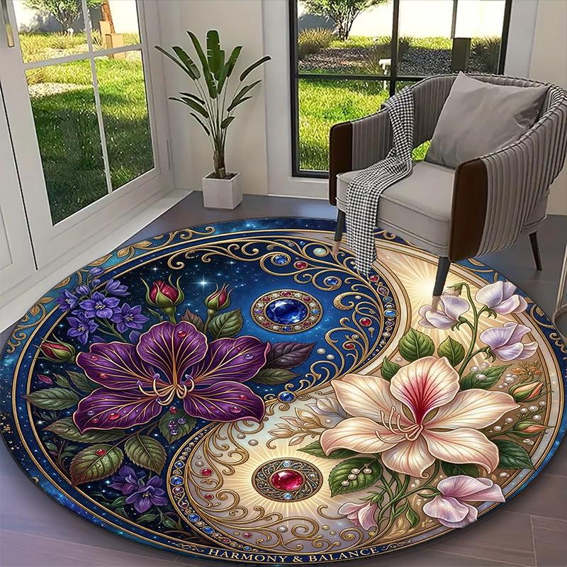 1pc Blue Balance Cherry Blossom Rug, Digital Printed Home Chair Sofa Mat, Durable Office Round Carpet, Beautiful Festival Decorations