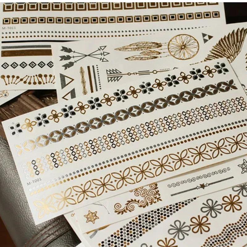 3 листа татуировки временные одноразовые бирки золотистый металлик водостойкие серебристые черные флэш поддельные золотые татуировки наклейки