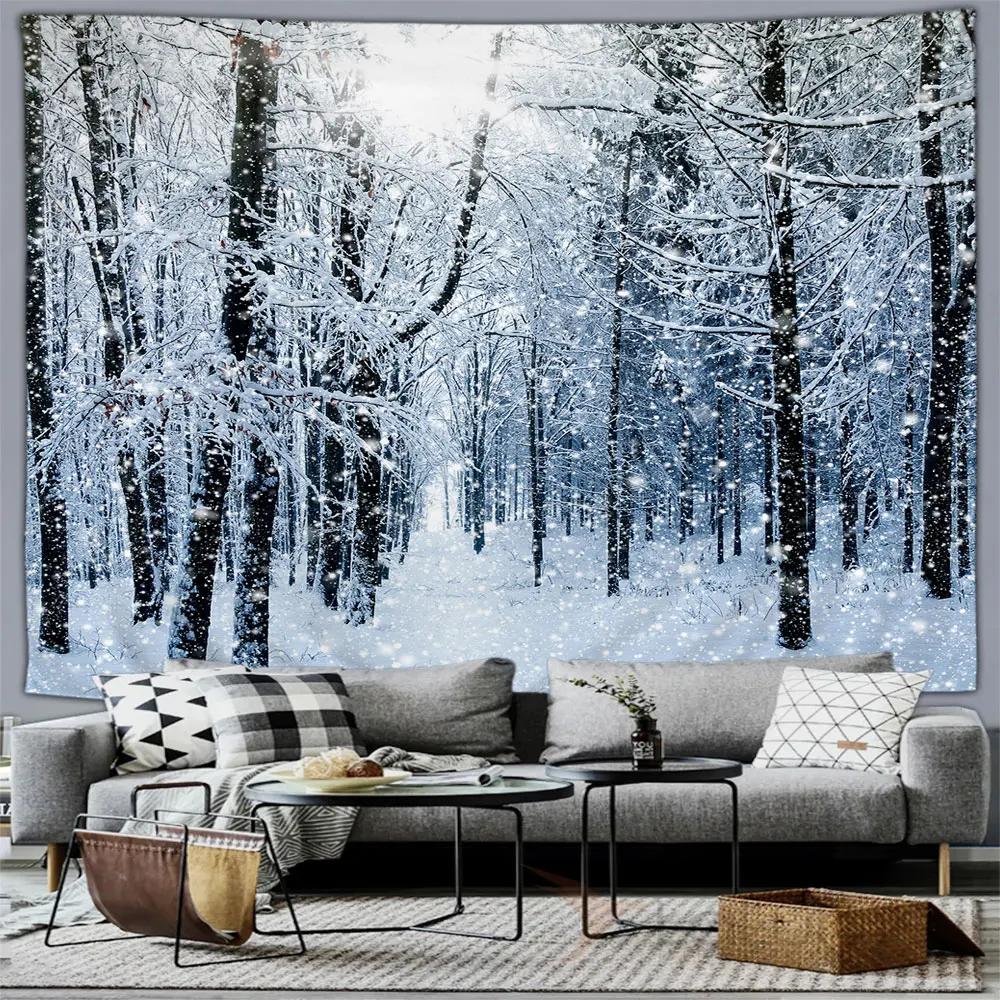 Winter Forest Snow Scene Tapestry Wall Hanging Christmas Tree Happy New Year Bedroom Living Room Home Decoration