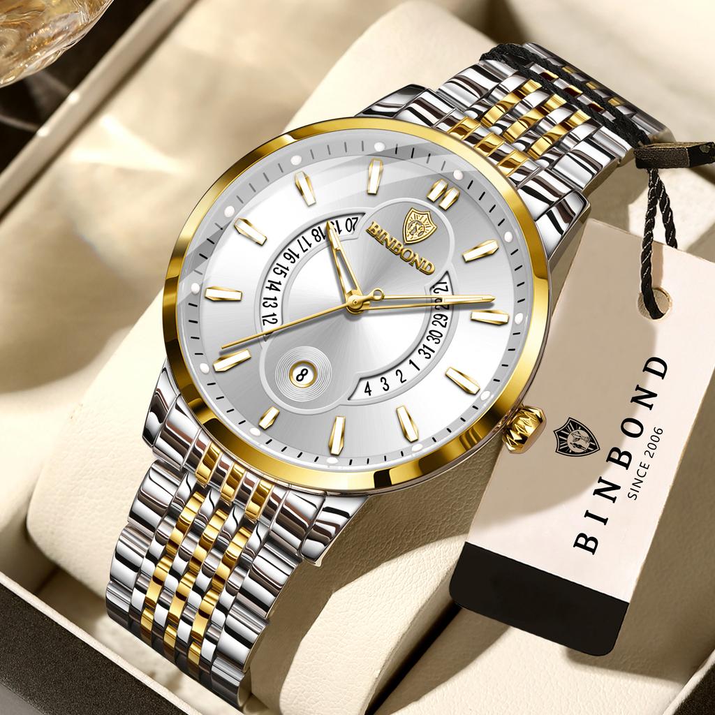 BINBOND Luminous Waterproof Reloj Auto Date Accurate Men's Watch Sturdy Stainless Steel Strap Quartz Wristwatches For Men Luxury