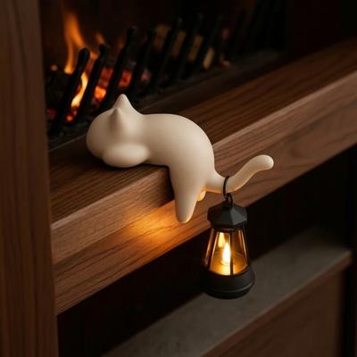 Creative Gift for Book Lovers Cat Shape Shelf Hook with LED Lantern, Vintage Decorative Light Suspended Lantern Office Hanging Ornament, Soft