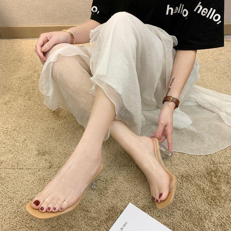 Crystal High Heels Transparent Slippers Women's Summer Wear High Sense 2025 New Square Head Large Size Sandals French Sandals