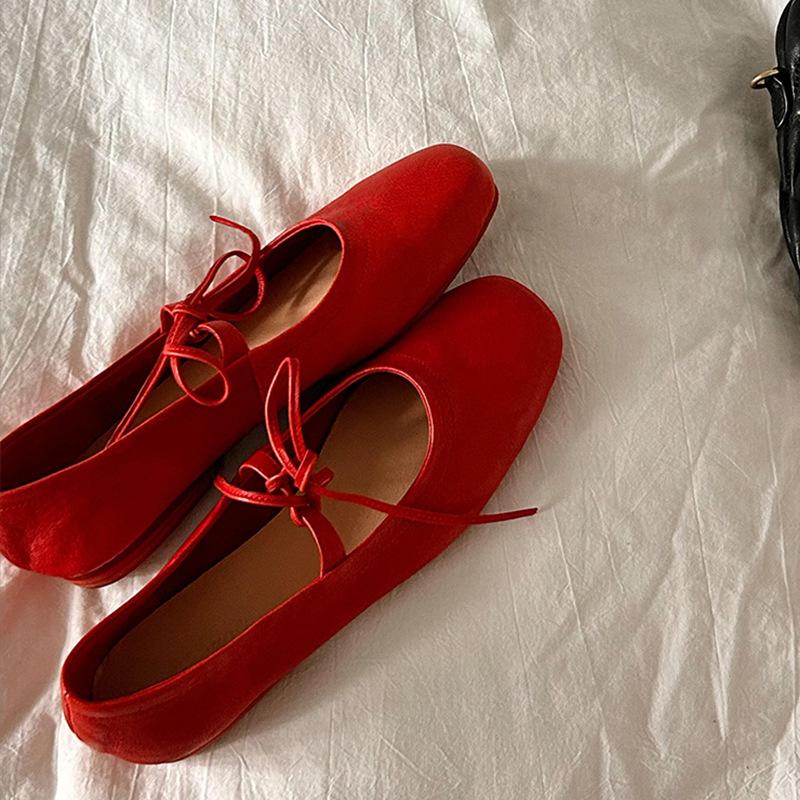 Nowe skórzane baleriny Mary Jane na miękkiej podeszwie damskie z wycięciem czerwony pasek płaskie buty baletowe