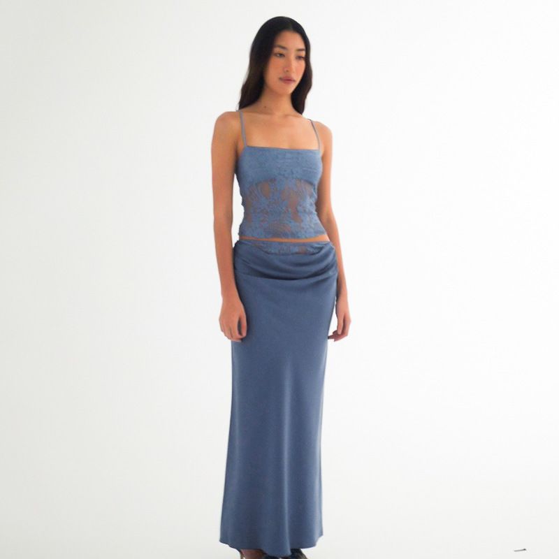 

Suit Fashion Style Elegant Women s Clothing Sexy Lace Open Back Bandeau Sling Stitching Ruffle Bodycon Dress Two-piece Set Blue L