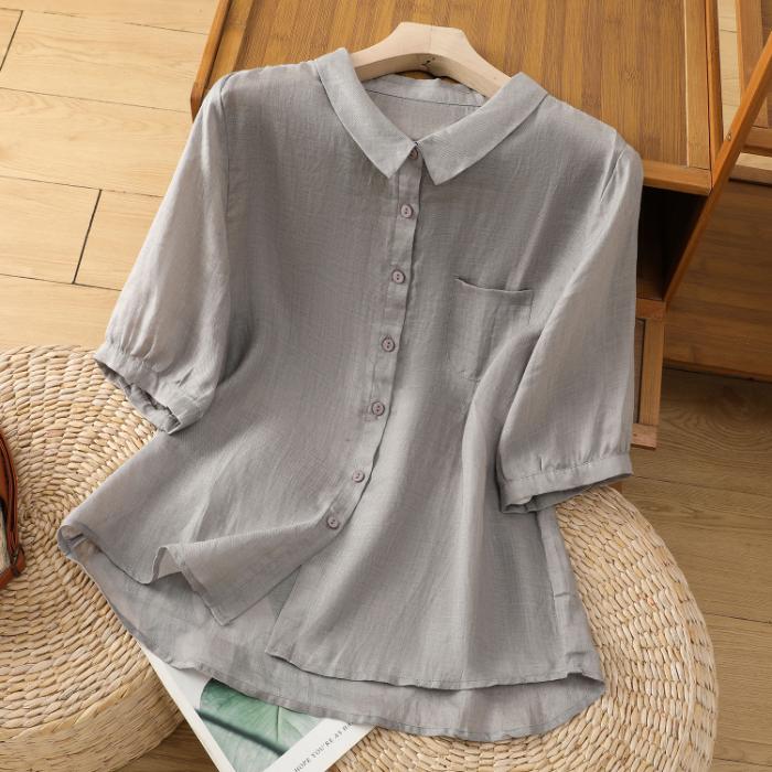 Algodón Lino Casual irt Mujer Verano Ajuste Holgado Versátil Color Agel Cinco Sve Cuello Flip Top