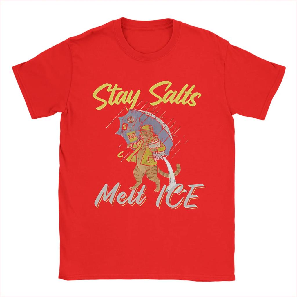 Stay Salts Melt ICE Funny Cat Umbrella Pure Cotton T Shirt For Mens Summer Classic T-Shirts O-Neck Tees Oversize Hot Sale Tops