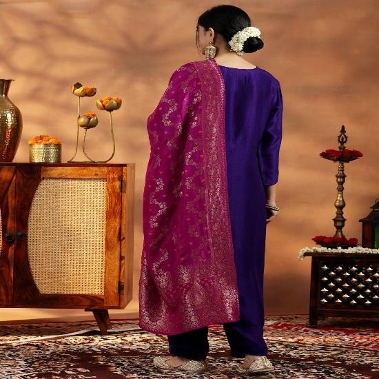 Women's Royal Purple Silk Banarasi Kurta with Straight Pants and Magenta Dupatta Set