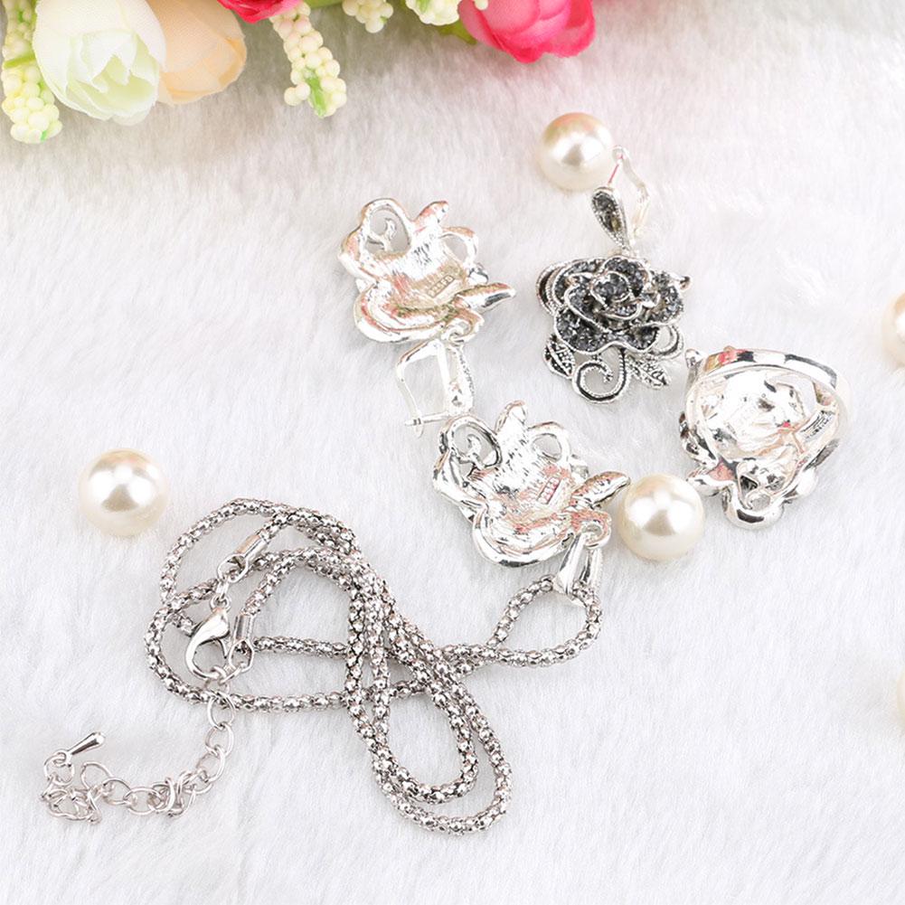 Fashion Rose Flower Pendant Necklace Earrings Finger Ring Lady Party Jewelry Set