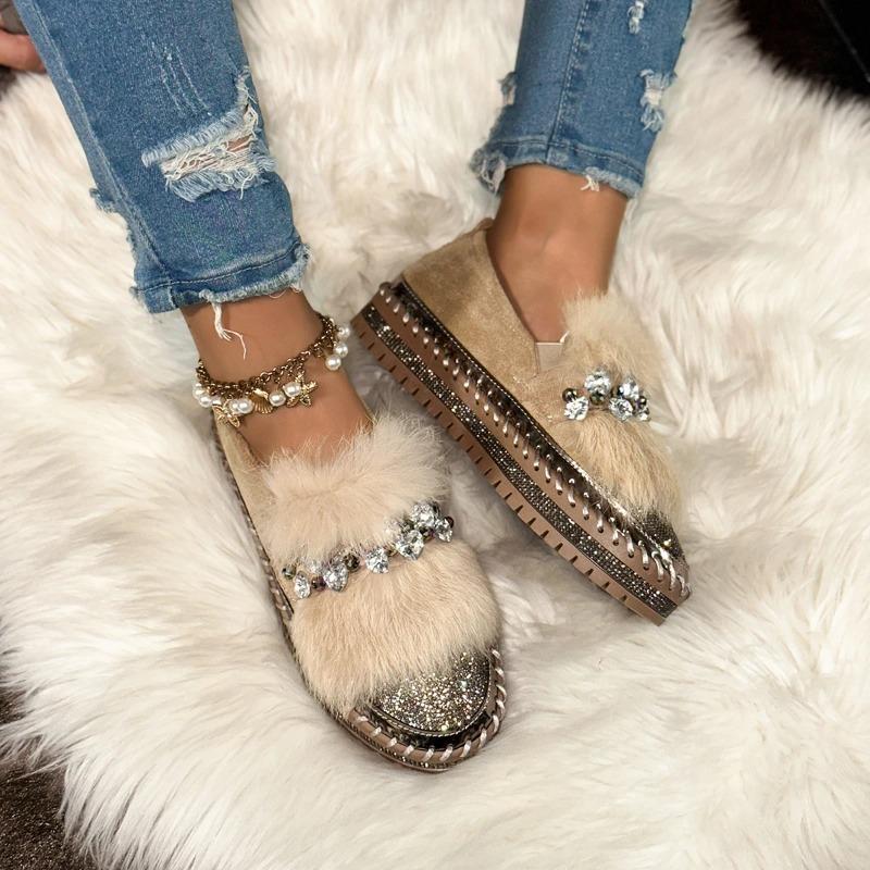 Furry Warm Rhinestone Woman Flat 3cm Low Heel Casual Shoes for Women Crytal Short Plush Ladies Footwear Big Size 43