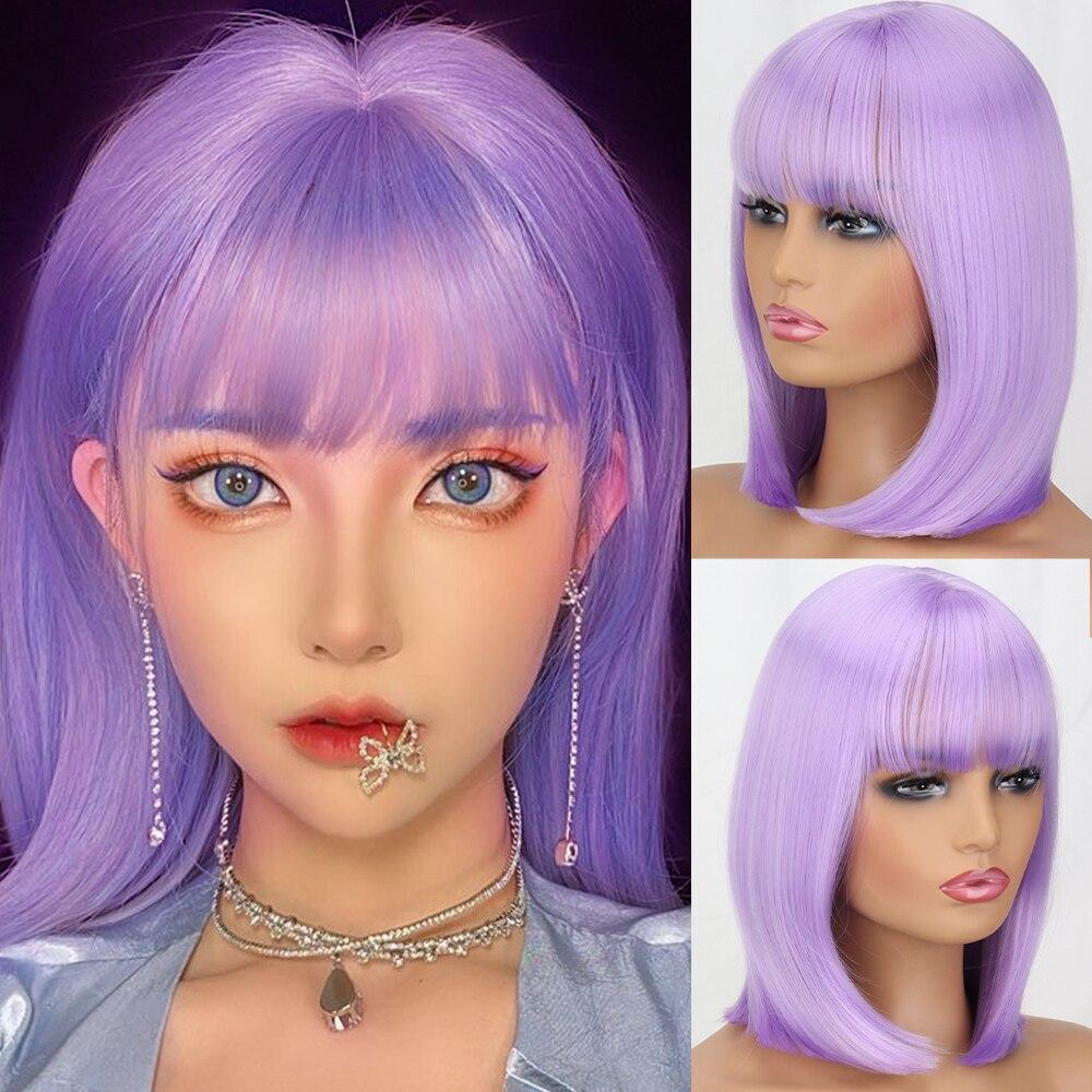 MISS WIG Kurze, glatte Bob-Perücke aus Kunstfaser mit Pony, Weiß, Rosa, Braun, Naturhaar für Damen, für den Alltag, Cosplay