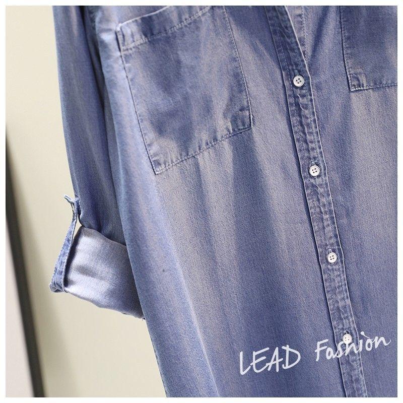 Spring Women's Clothing Shirt Medium Long Containing Cotton Shirt Loose Fit Long Sleeve Double Pocket Rolled Sleeve Thin Blouse