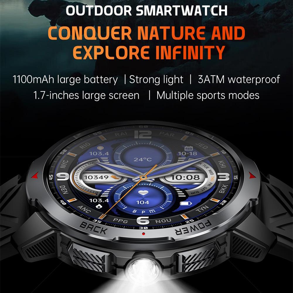Sports Fitness Smartwatch Health Women Smart Watches Men Flashlight Compass 1100mah Ultra Long Battery BT Call 3ATM Waterproof