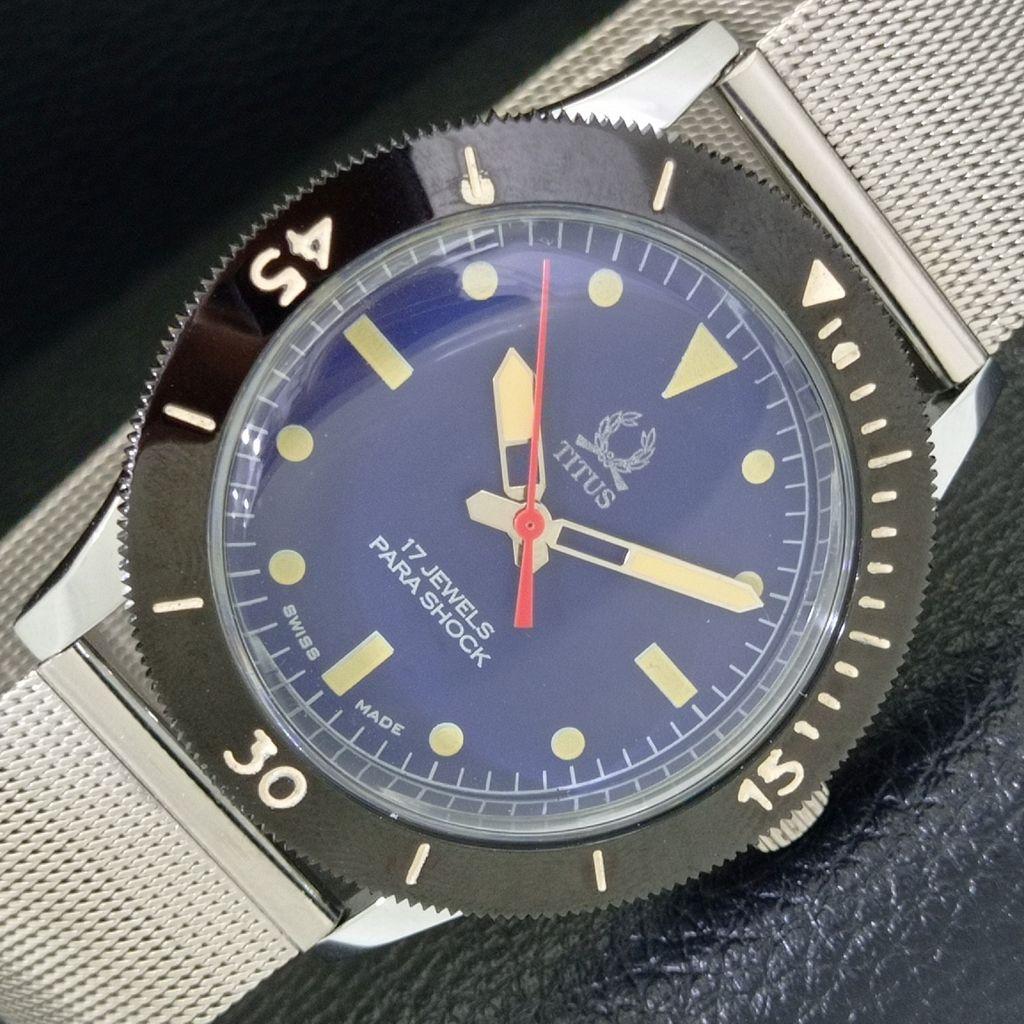 

SWISS MENS VINTAGE TITUS HAND-WINDING TURNABLE BEZEL BLUE DIAL WATCH a700026-5 R201-a700026