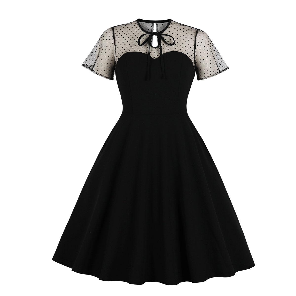 

Spring and Autumn Fashion Women s Mesh Polka Dot Short Sleeved Patchwork Puffy Skirt Big Swing Dress XXXXL чорний
