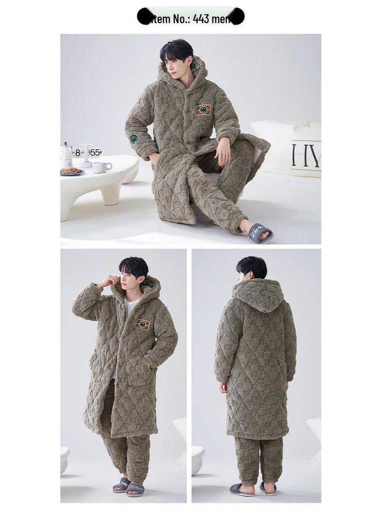 2024 Men's Quilted Winter Hooded Pajama Bathrobe - Warm, Thick Coral Fleece Outerwear