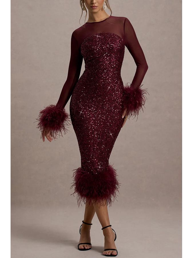 Dámské evropské a americké flitrové bodycon párty šaty - Večerní šaty s dlouhým rukávem Móda 8103