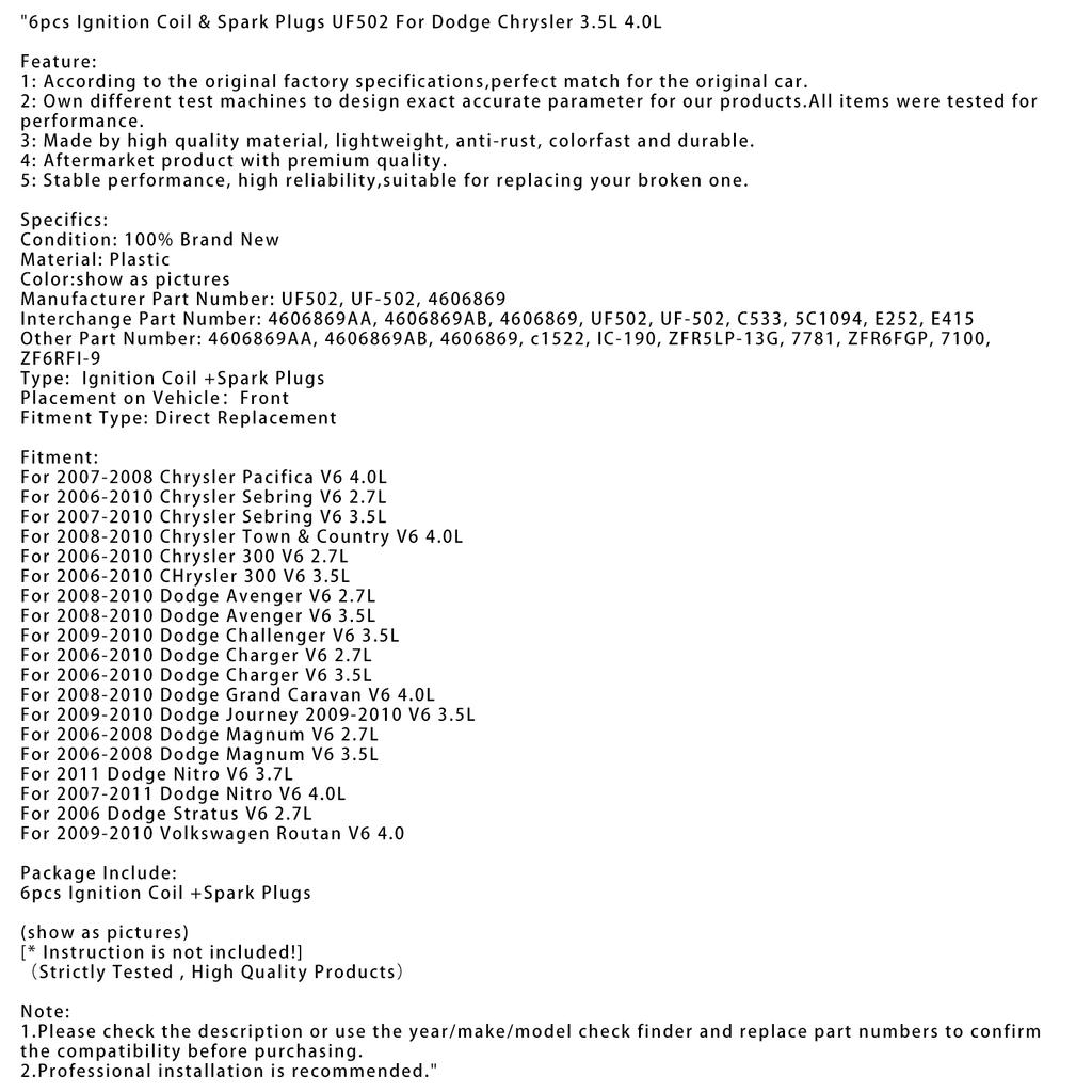 6pcs Ignition Coil & Spark Plugs UF502 For Dodge Chrysler 3.5L 4.0L