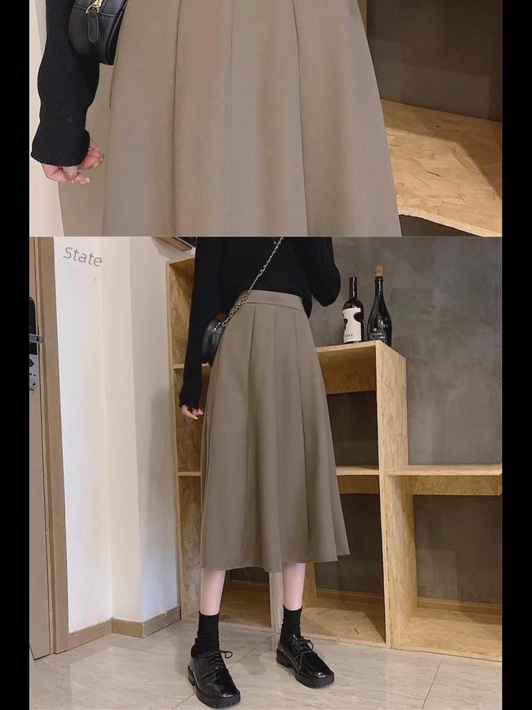 Women's Black High-Waist A-Line Skirt - Spring/Autumn 2024 - Small Size, Medium Length, Big Swing Style.