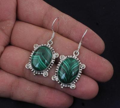 Malachit Edelstein Handgefertigte Boho Designer Ohrringe Statement Ohrringe, Hängeohrring, Geschenk für Sie, 925 Silber Ohrring