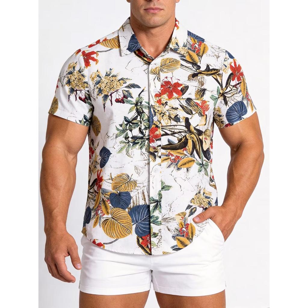 Men Ethnic Short Sleeve Casual Cotton Linen Printing Hawaiian Shirt Blouse