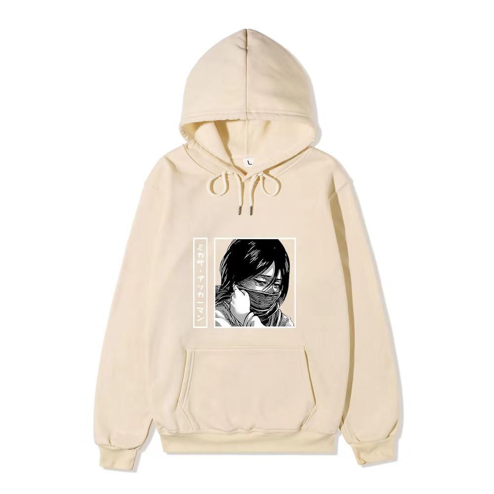 Unisex Attack on Titan Mikasa Ackerman Hoodie, Black White Manga Graphic Print Long Sleeve Pullover Hooded Sweatshirt Streetwear