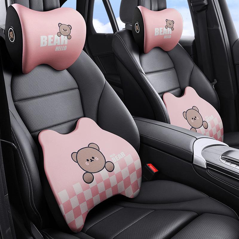 Cartoon Bear Memory Foam Lumbar & Headrest Pillow Set for Car