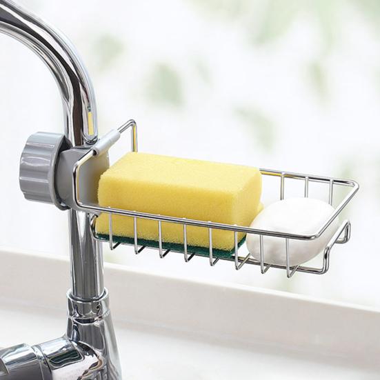 2Pcs Faucet Storage Rack Sink Sponge Holder Rustproof Corrosion Resistant Hollow Design Adjustable Detachable Sponge Holder Sink Organizer