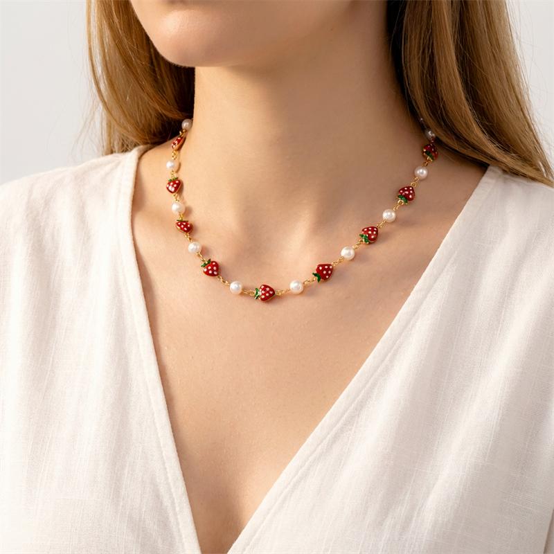 Collana con Ciondolo Cuore Ciliegia Rossa Romantico per Donna Colore Oro Dolce Fragola Frutta Catena Grossa Choker Gioielli per Festa Vacanza