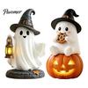 Unique Holiday Gift Lighted Halloween Ghost Figurine, Spooky Resin Witch on Pumpkin/Holding Lantern Whimsical Figurine Statue with LED Light