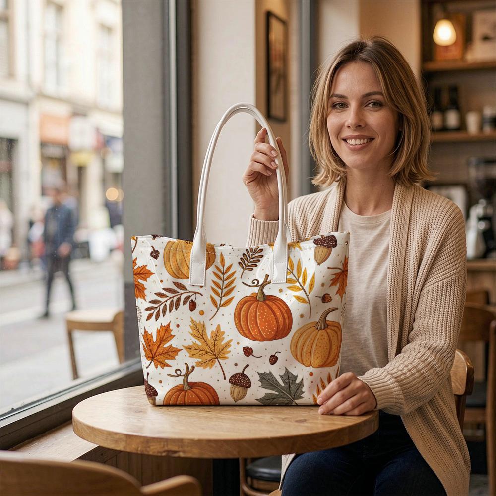 Fall Pattern Tote Bag Pumpkin Maple Leaf Print Handbag for Daily Use