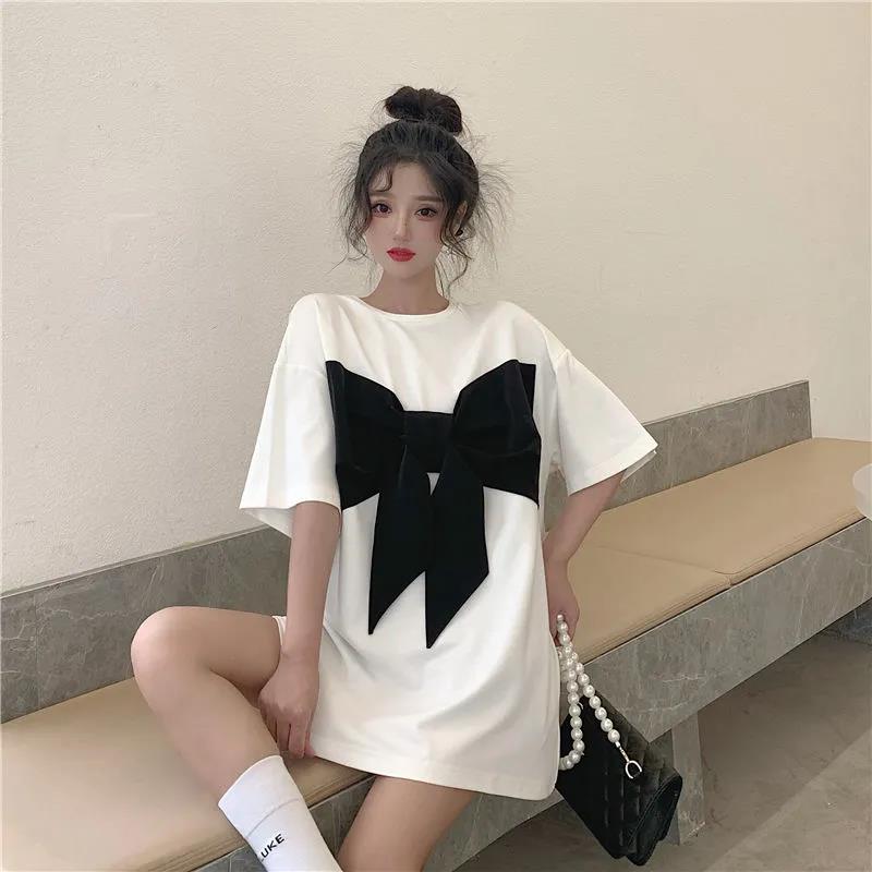 

Футболка с короткими рукавами и французским нишевым бантом, женская корейская версия, свободная тонкая студенческая рубашка большого размера XXXXL белый