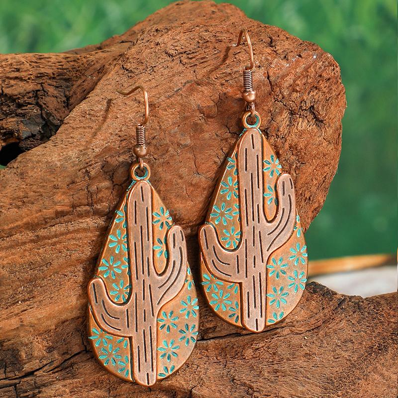 Fashion Ethnic Boho Vintage Drop Dangle Earrings For Women Carved Metal Geometric Flower Cactus Antique Bohemian Daily Zircon