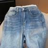 American Spicy Girl Rhinestone Lace Patchwork High-Waisted Straight Leg Slimming Denim Jeans
