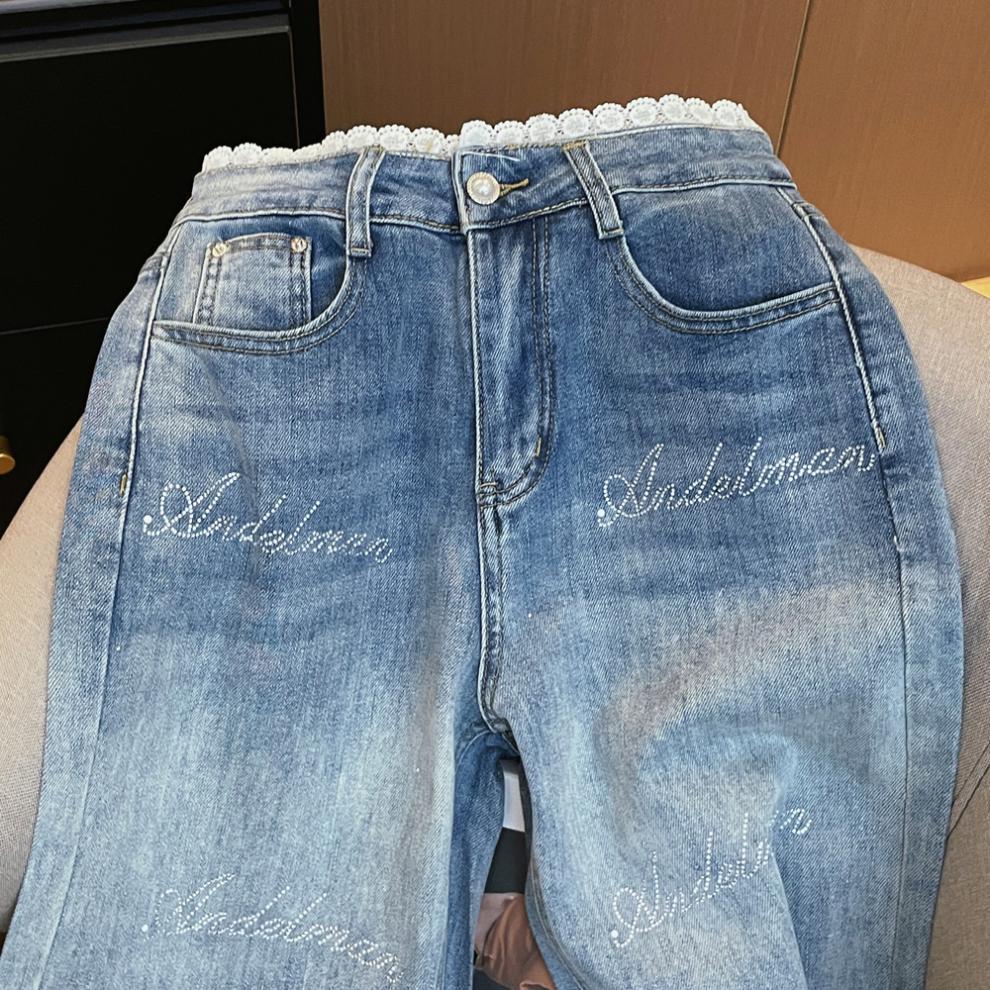 American Spicy Girl Rhinestone Lace Patchwork High-Waisted Straight Leg Slimming Denim Jeans