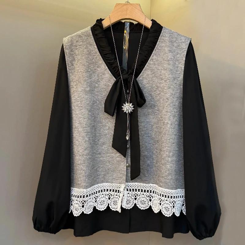 Женские свитшоты из двух частей Длинные оверсайз с длинным рукавом Имитация двух частей Приталенные Универсальный жилет Рубашка с длинным рукавом Универсальный топ XL чёрный