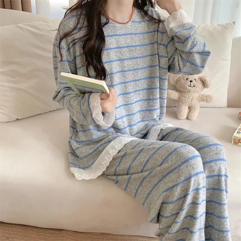 2024 Autumn New Women's Sleepwear Loose-Fit Casual Home Clothes Striped Simple Floral Edge Korean Style Pyjamas Set