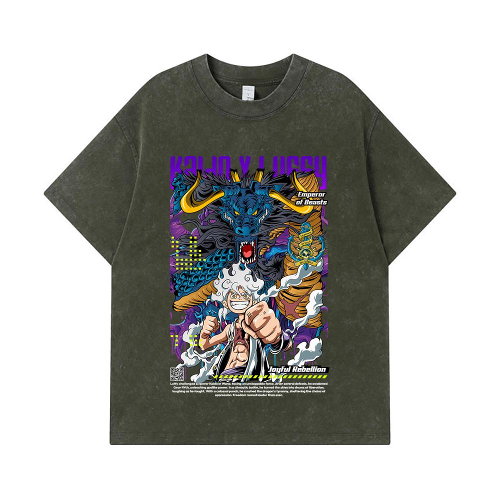 275 GSM Washed T-shirts 100% Cotton One Piece V35 Luffy Kaido Print Unisex Heavy Cotton T Shirt S армия зеленый