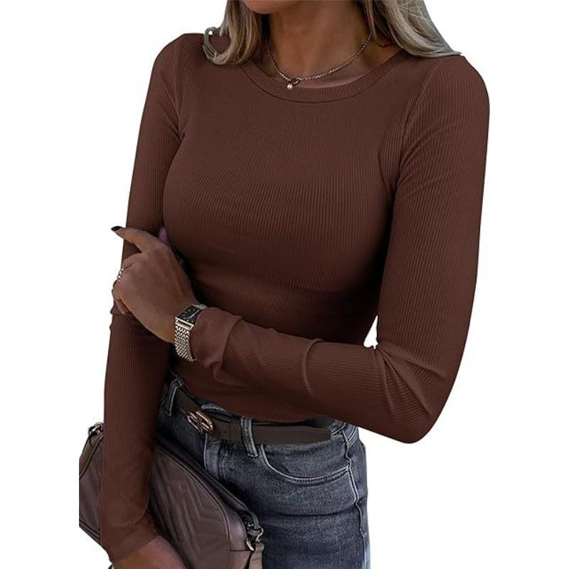 New women's long-sleeve stretch round-neck ribbed shirt, slim-fit casual basic top