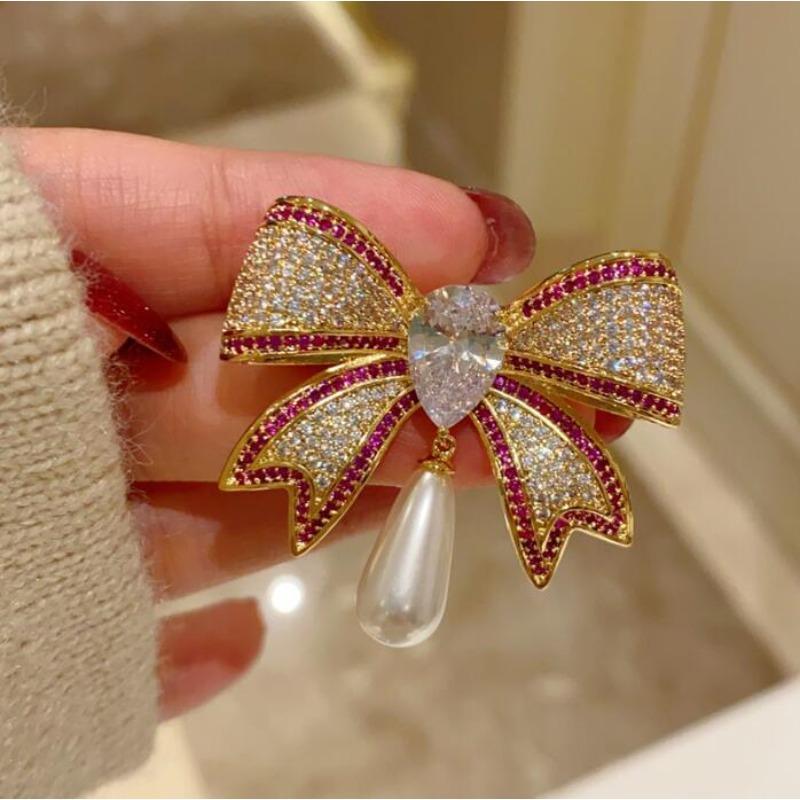 Retro High-end Sense Light Luxury Full Diamond Bow Brooch Brooch Exquisite Elegant Suit Pin Buckle with Jewelry