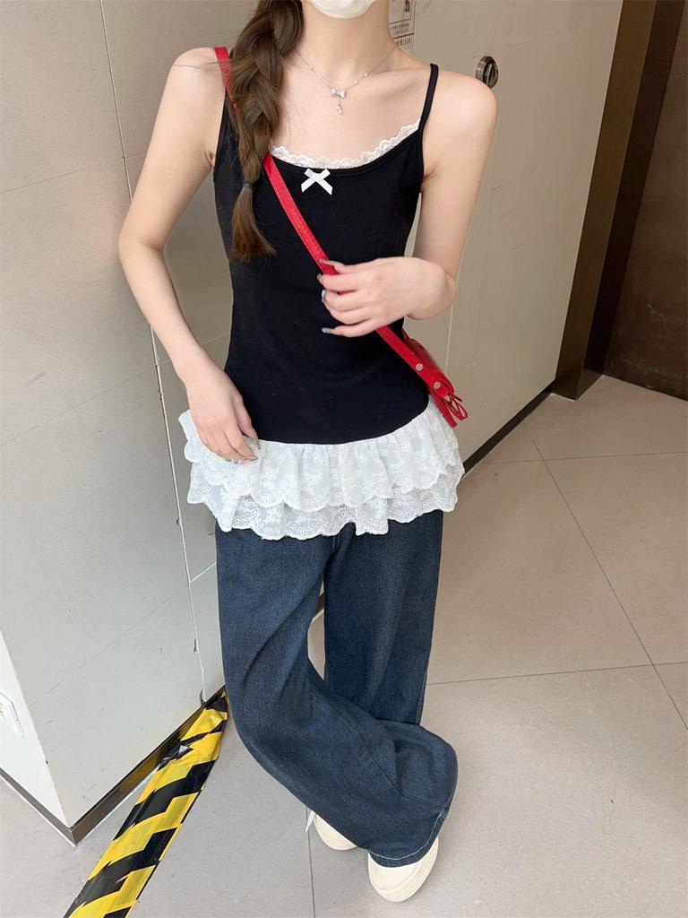 Ballet-Style White Lace Bow Camisole for Women - Spring/Summer 2025 Sleeveless Top