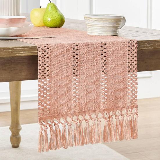 Boho Knitted Table Runner Handmade Rustic Table Runner with Tassels Cotton Linen Farmhouse Table Runner for Dining Table Sideboard Dresser Decor