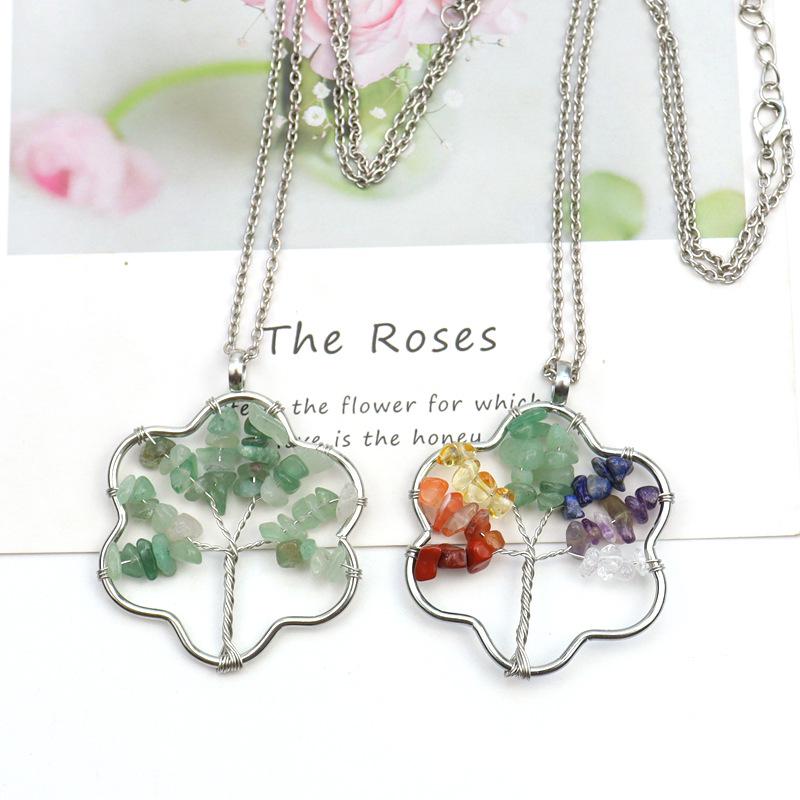 Silver Wire-Wrapped Flower Tree of Life Crystal Pendant Necklace N72