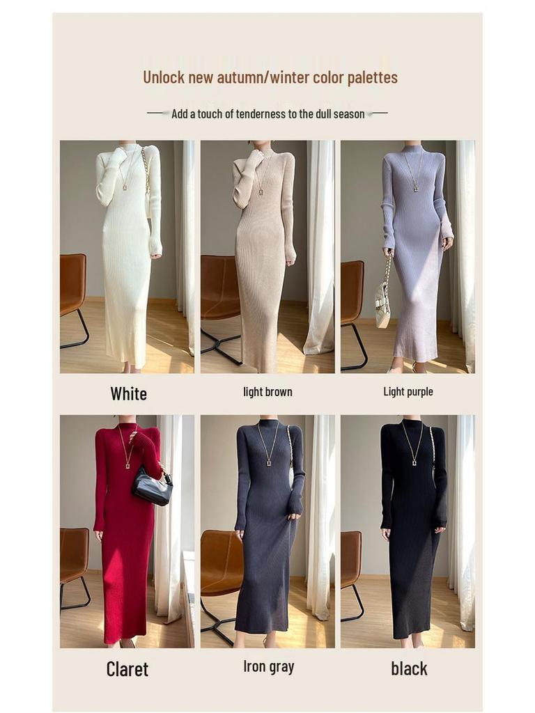 New Autumn/Winter Slimming Knit Dress for Women - Half-High Neck, Figure-Flattering, Long Length Bodycon Skirt