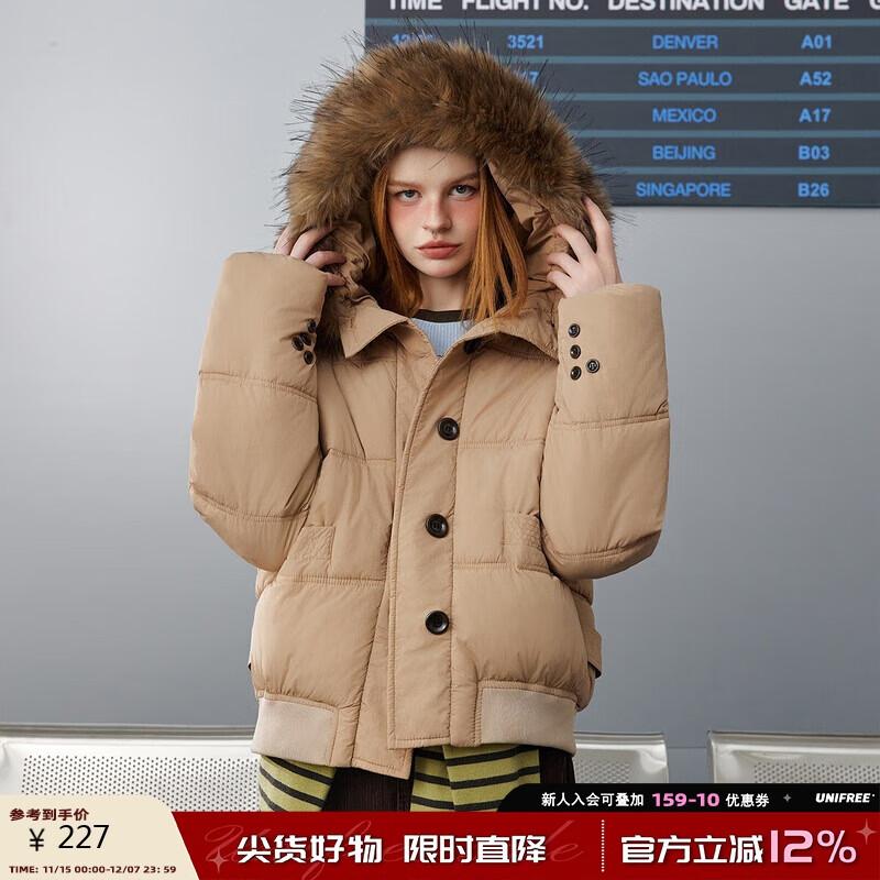 UNIFREE Retro Hooded Padded Jacket with Fur Collar