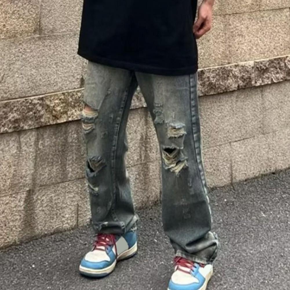 Men Jeans Ripped Hole Washed Wide Leg Straight Distressed Loose Hip Hop Streetwear Casual Multi Pockets Full Length Men Long Pan