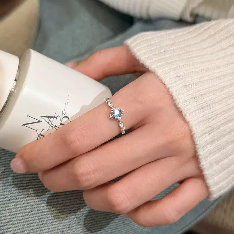 S925 Sparkle Zirconia Aquamarine Adjustable Ring for Women - Light Luxury, High-End Niche Design