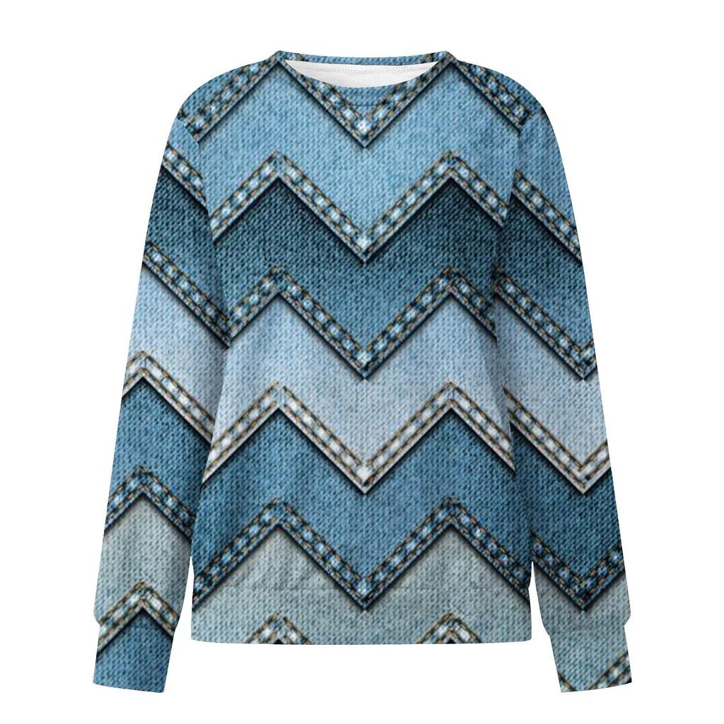 Ladies Casual Fashion Print Long Sleeve Round Neck Pullover T-Shirt Top